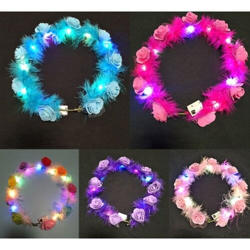 Female Children LED Light Up Wreath Crown Fluffy Feather Artificial Floral Angel Halo Headband Garland Bandana Festival Party