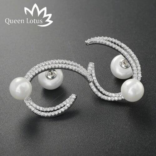 Queen Lotus High quality silver plated jewelry Crescent-shaped charming clove hitch zircon pearl earrings for women fine jewelry