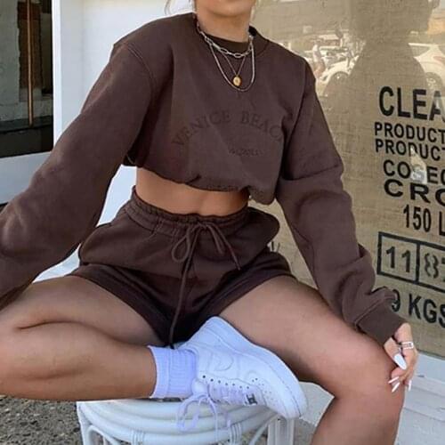 Women Casual Style Clothing, Embroidered Letter Pattern Round Neck Long Sleeve Sweater + Solid Color Drawstring Pocket Shorts