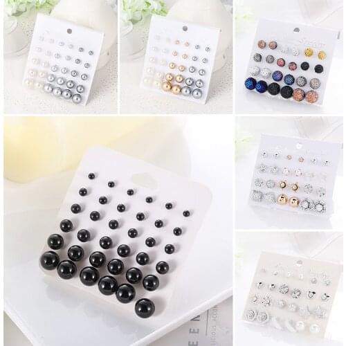 WYBU 12 Pairs Card Mixed Style Stud Earring Set For Women Color Balls Love Flowers Earrings Women Imulated Pearl Earrings
