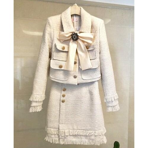 Chic womens Skirts suit 2020 Autumn High quality bowtie tweed coat + elegant tweed skirts two piece set C230