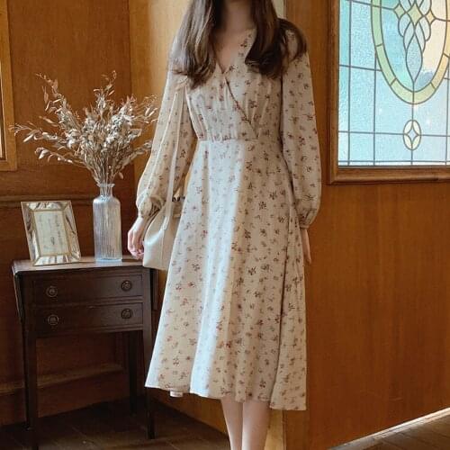 2020 autumn spring Korean style maxi dress long lantern sleeve v neck loose high waist floral printed causual vestidos mujer