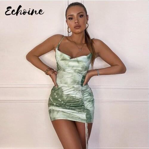2020 Green Sleeveless Ruched Bandage Tie Dye Print Sexy Mini Dress Summer Women Fashion Night Club Streetwear Outfits Sundress