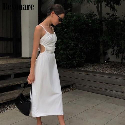 Beyouare Sexy Sling Womens Dress Hollow Out Back Bandage Sleeveless Spaghetti Strap Elastic Waist Mid-Calf Dresses 2021 Summer