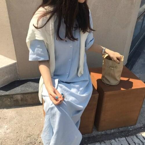 QOERLIN Lace-Up Button-Up Shirts Dress Women Blue Shirts Dress Turn-Down Single-Breasted Dress Ladies Mid Length Sashes Vestidos