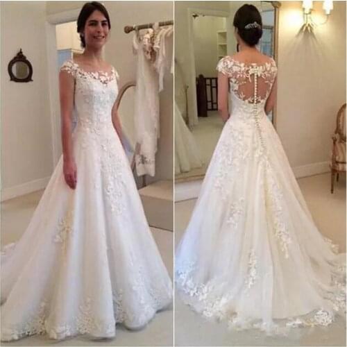 White O-Neck Lace Appliques Wedding Dresses 2021 Sheer Back Cap Sleeves Cheap Bridal Dresses Vestidos De Novia