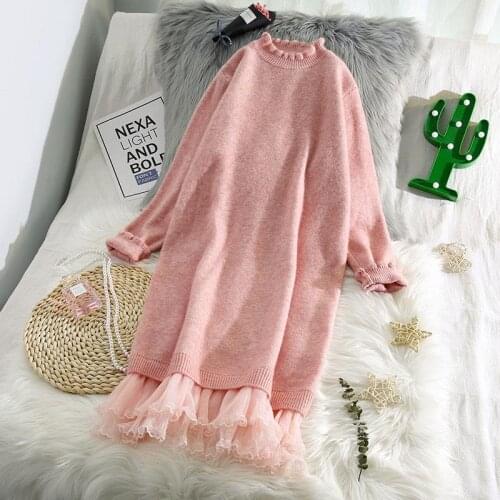 2021 autumn and winter fashion new solid color round neck long-sleeved knitted long sweater women Korean loose lace dress