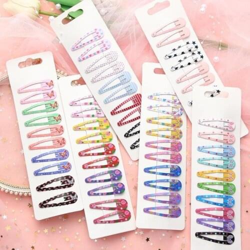 10PCS Girls Cute Metal Printing Hair Clip Candy colors Fashion BB Clips Hairpins Hair Accessories Water drop Shape Barrettes