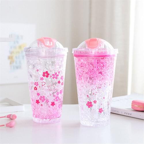 430ml Summer Cool Plastic Water Bottle Romantic Sakura Chic Hidden Straw Ice Cup Coffee Juice Milk Drink Bottle