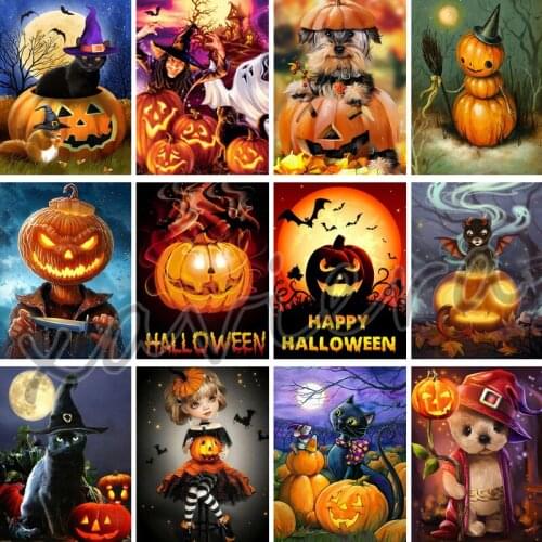 Xaviera Diy 5D Diamond Painting Happy Halloween Full Drill Pumpkin Black Cat Mosaic Embroidery Cross Stitch Rhinestone Artwork