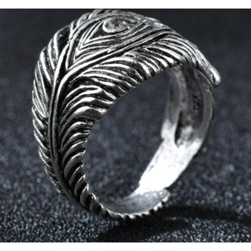 Bijoux Fashion Jewelry Silvery Crystal Peacock Feather Rings for Women Boho Adjustable Antique Rings Anillos joyas de plata