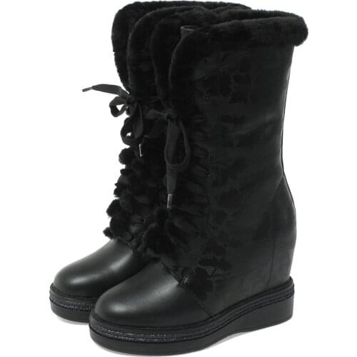 Lace Up Creepers Women Genuine Leather Wedges High Heel Ankle Boots Female Winter Warm Rabbit Fur Fashion Sneakers Casual Shoes