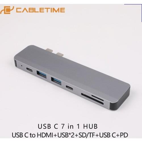 CABLETIME for Macbook M1 7 in 1 USB C Hub Dual USB C to HDMI USB3.0 SD TF Card Reader for Macbook Air Pro H15