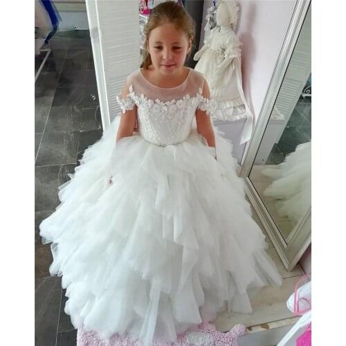 White Ivory Puffy Flower Girl Dress Sheer Neck Lace Up Back Kids Children Party Gown First Communion Dress Size 2-13years FL026