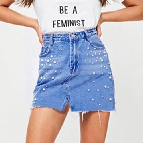 LOGAMI High Waisted Denim Skirts Womens Asymmetrical Mini Skirt Womens Beading Summer Jeans Skirt