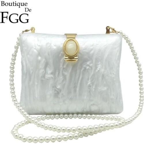 Boutique De FGG Elegant Mother Pearl Women Clutches Acrylic Evening Handbags Party Cocktail Shoulder Purses Cross-body Bag