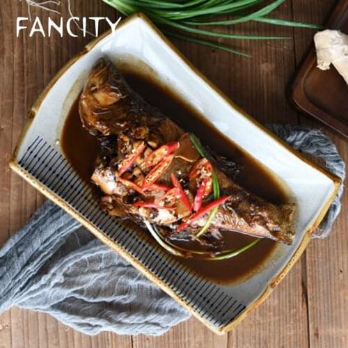 FANCITY Japanese style ceramic tableware blue rain series 12-inch rectangular plate fish plate deep plate sushi plate home