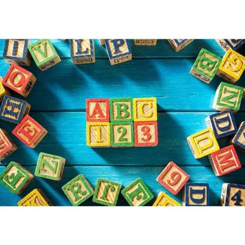 Blue Wooden Board Photography Background Colourful Small Wooden Blocks With Letter And Number Backdrop For Back To School Day