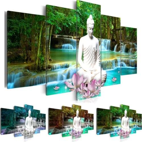 Hot Sell( No Frame )5 Pieces Canvas Print Modern Fashion Wall Art the Lotus Buddha Landscape for Home Decoration Choose Size:3