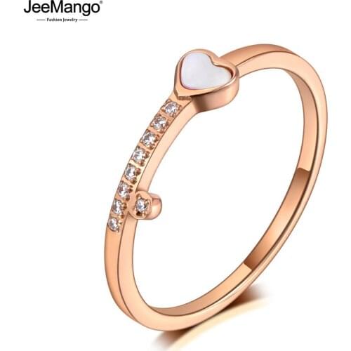 JeeMango Titanium Stainless Steel Rhinestone Shell Heart Rings Office Style Rose Gold CZ Crystal Party Ring For Women JR20042