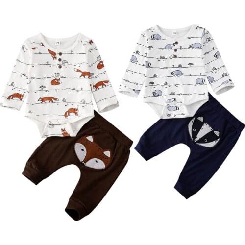 2020 Autumn Newborn Clothes Toddler Baby Boy Girl Cartoon Print Romper Tops PP Pants Cotton Outfits 2Pcs Baby Tracksuit Sets
