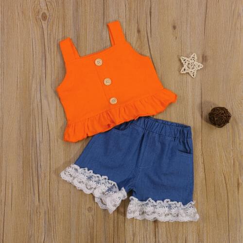2Pcs Toddler Baby Girls Outwear Summer Solid Button Sleeveless Suspender Tops + Lace Edge Denim Shorts Infant Kids Clothes