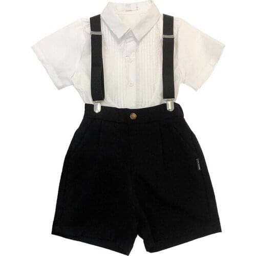 Boys Summer T Shirt +Shorts+Suspender+Tie 4PCS Clothing Set Children Photograph Suit Chorus Costume Kindergarten Kids Prom Dress