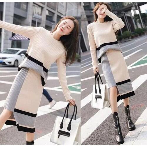 Suit Autumn and Winter New Korean Style Temperament Knitted Suit Skirt Fashionable Contrast Color Loose Casual Two-piece Female