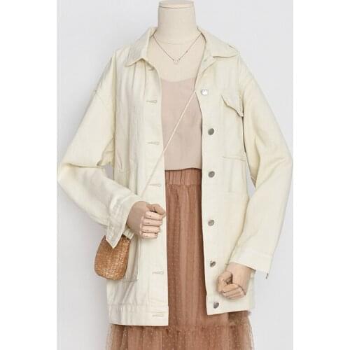 Mid-length Vintage Apricot Denim Jacket Women Loose Big Pocket Casual Single-breasted Long Sleeve Oversized Jeans Jacket Autumn