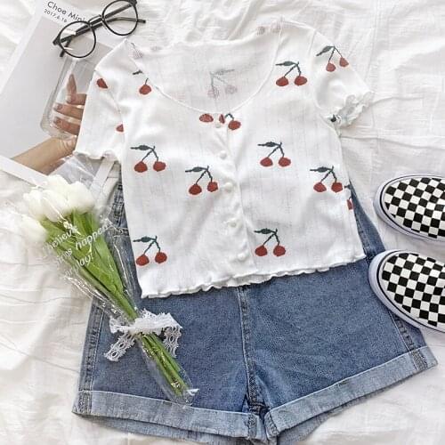 Summer Sweet O-Neck Pearl Button Slim Sexy Short Sleeve Cherry T-shirt
