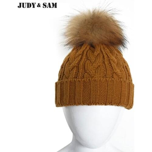 Cute Kids Winter Wool Blend Knit Hat with Real Raccoon Fur Pom Pom Fashion Beanie Hats for Boys and Girls