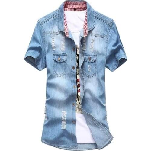 Homme Fashion Casual Denim Shirts Camisa Masculina New Men Short Sleeve Blue Ripped Jean Shirt Summer Thin Breathable Chemise