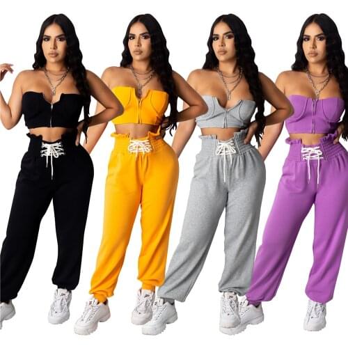2021 New Solid Color Running Sets Women Sport Suits Two Pieces Tracksuits Zip Up Tube Tops+High Waist Lace-up Joggers Pants Sets