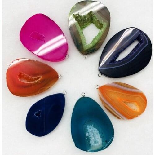 Wholesale Mixed 10pcs Charming Chalcedony Agat e Geode Drusy Pendant,For Gem Stone Jewelry Necklace,Approx 50mm