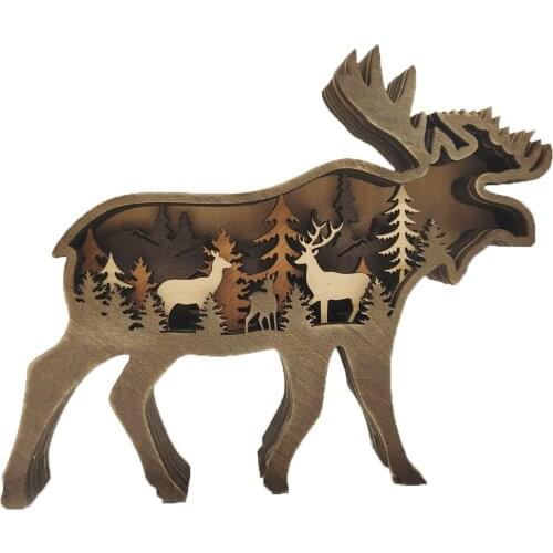 Christmas Wooden Elk Bear Ornament Creative Desktop Decor Forest Animal Sculpture Model for Home Bookcase Living Room Bedroom
