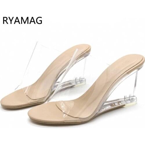RYAMAG Sexy Wedge Heel Womens Slippers Transparent Crystal High Heels Summer Women Sandals Peep Toe Woman Shoes Beige Slides