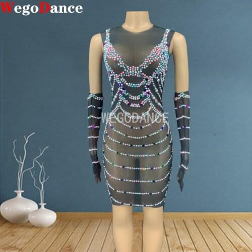 Pearl Rhinestone Black Transparent Short Dress Gloves Birthday Prom Bar Outfit Women Dancer