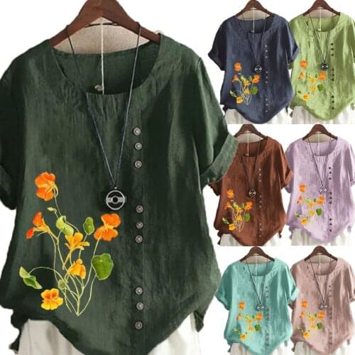 Womens New Fashion Summer Printed Round Neck Short Sleeve T-shirt Casual Loose Solid Color Blouse Tops Plus Size