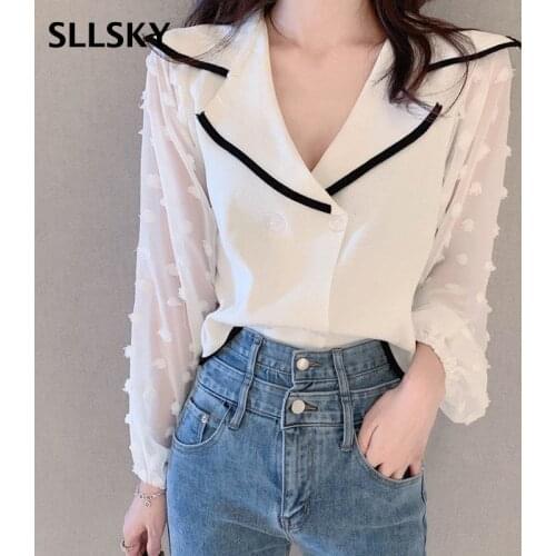 SLLSKY France Style Patchwork Short Women Blouse Spring Notched Collar Single Breasted Slim Shirts Fashion Lace Chiffon Shirt