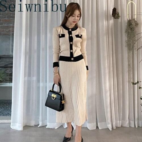 Chic Vintage Ladies Knitted 2 Piece Skirt Suits Sets Women Single Breasted Pearl Buttons Cardigan + Pleated Long Skirt Suit 2020