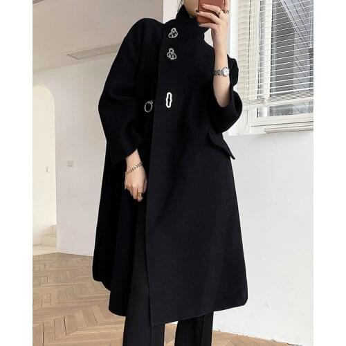 Women Black Woollen Coat Elegant Cashmere Overcoat Wool European Runway Fashion Metal Buckle Jakcet Femme Outwear Mujer Hiver