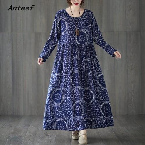 Long sleeve cotton linen plus size vintage floral for women casual loose long autumn dress elegant clothes 2021 ladies dresses