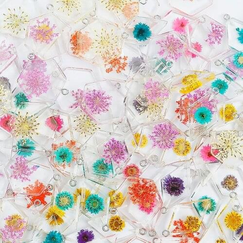 2PCS/Bag New Fashion Earrings Womens Jewelry Charms Simple Resin Geometric Dried Flower Rhombus Hexagon Drop Earrings