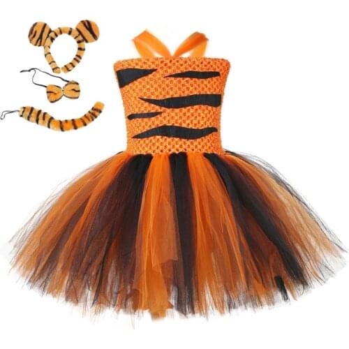 2021 New 4pcs Kids Girls Animal Costume Set Tutu Dress Tiger Ears Headband Tail Bow Tie