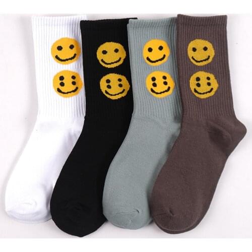 2021 Adult Middle Happy Joy Calf Short Crew Street Fashion Cotton Socks Streetwear Two Smiling Smile Faces Double Eyes Happiness