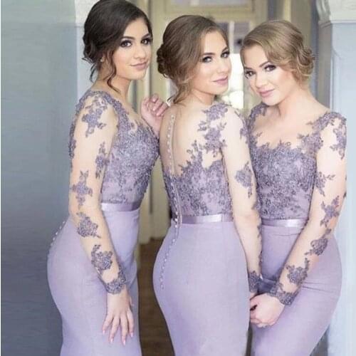 #6007 Purple Cheap Fat Floral Long Sleeve Lilac Applique Lace Latest Bridesmaid Dress