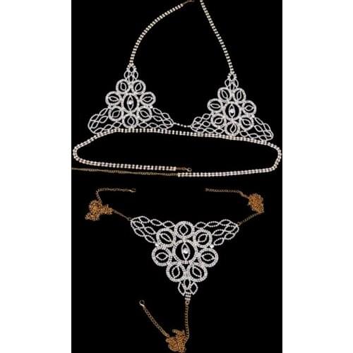 Shining Eyes Shape Rhinestone Bikini Body Chain Bra and Thong Underwear Set for Women Luxury Crystal Sexy Lingerie Body Jewelry