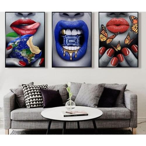Large Art Canvas Jewel Map with Lip Oil Painting Christmas Decorations for Home Modern pictures Poster Print living Room