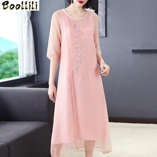 Boollili Summer Dress 2020 Vintage Red Silk Maxi Dress for Women Pink Embroidery Casual Dress Elegant Ladies Dresses Vestidos
