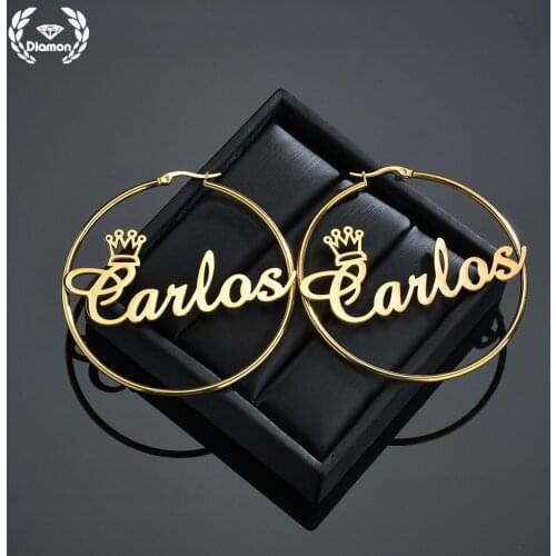 Diamon Personalized Large Earring for Women Crown Stainless Steel Letter Custom Name Girls Hoop Earrings Party Jewelry Gift